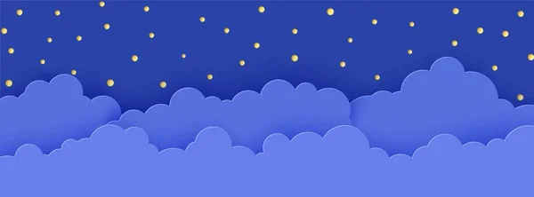 Nachthimmel im Scherenschnitt-Stil. 3D-Hintergrund mit dunkler bewölkter Landschaft mit Sternen und Mond-Papierschnitt-Kunst. niedlichen Origami-Wolken aus Pappe. Vektor-Karte für gute Nacht süße Träume. — Stockvektor