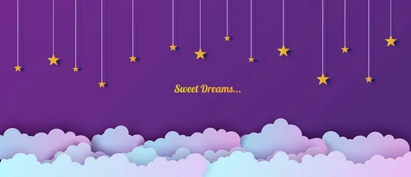 Night sky in paper cut style. Cut out 3d background with violet and blue gradient cloudy landscape with stars papercut art. Cute origami clouds. Vector card for wish good night sweet dreams. — Stock Vector