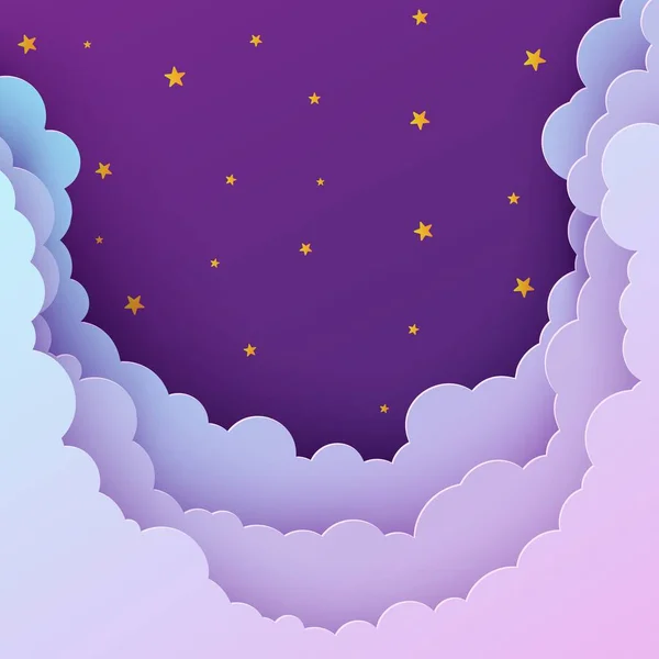 Night sky flyer i papper skära stil. Klipp ut 3D bakgrund med violett och blå lutning grumligt landskap med stjärnor papercut konst. Söta origami moln. Vektorkort för att önska god natt ljuva drömmar. — Stock vektor