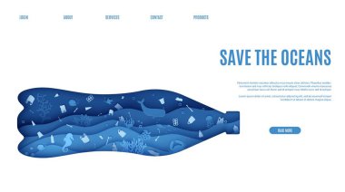 Web page stop ocean plastic pollution banner design template in paper cut style. Underwater view through the bottle silhouette. Seabed reef and fish in waves Vector World Water Day website concept. clipart