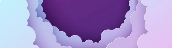 Night sky panorama in paper cut style. Cut out 3d horizontal background with violet and blue gradient cloudy landscape papercut art. Cute origami clouds. Vector card for wish good night sweet dreams. — Stock Vector