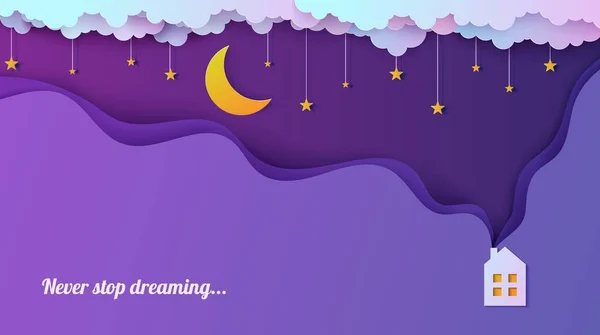 Ночное небо в стиле пореза бумаги. Симпатичный дом с дымом из дымохода. 3-й фон с фиолетово-синим и облачным пейзажем со звездами и лунной бумагой. Облака Оригами. Векторная карта . — стоковый вектор