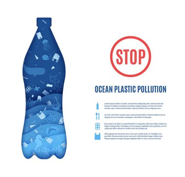 Okyanus plastik kirliliği pankart tasarımı şablonunu kağıt kesim stilinde durdurun. Kağıt kesiği 3D arka plan. Şişe, içinde deniz sakinlerinin plastik çöplerinin bulunduğu silueti kesmiş. Vektör Dünya Okyanus Günü konsepti