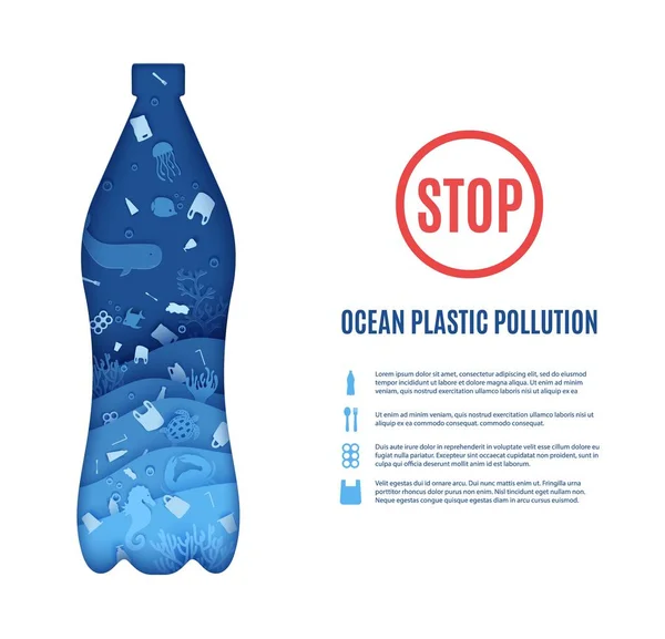 Fermare oceano modello di design banner inquinamento plastica in stile taglio carta. Taglio di carta sfondo 3d. La bottiglia ha ritagliato la sagoma dentro cui gli abitanti di mare immondizia di plastica. Concetto di Giornata mondiale degli oceani vettoriale — Vettoriale Stock