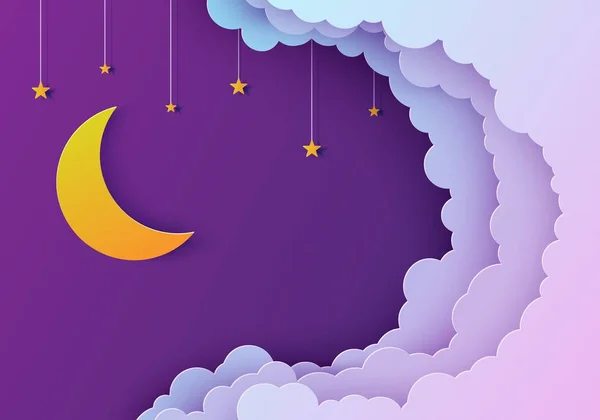 ท้องฟ้ากลางคืนในสไตล์ตัดกระดาษ ตัดพื้นหลัง 3 มิติด้วยภูมิทัศน์เมฆสีม่วงและสีฟ้าไล่ระดับสีที่มีดาวและศิลปะตัดกระดาษดวงจันทร์ เมฆโอริกามิที่น่ารัก การ์ดเวกเตอร์สําหรับความปรารถนา ฝันดี ฝันหวาน . — ภาพเวกเตอร์สต็อก