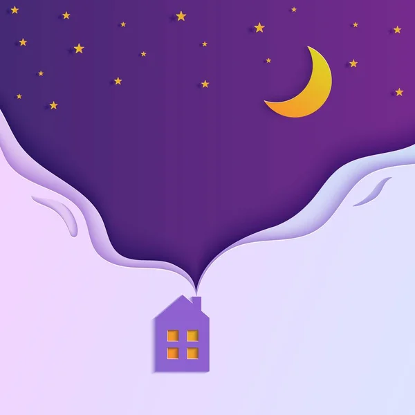 ท้องฟ้ากลางคืนในสไตล์ตัดกระดาษ บ้านน่ารักที่มีควันจากปล่องไฟ พื้นหลังสามมิติกับสวรรค์สีม่วงและสีฟ้าเกรเดียนกับดาวและศิลปะตัดกระดาษดวงจันทร์ เมฆโอริกามิ ภาพประกอบการ์ดเวกเตอร์ . — ภาพเวกเตอร์สต็อก