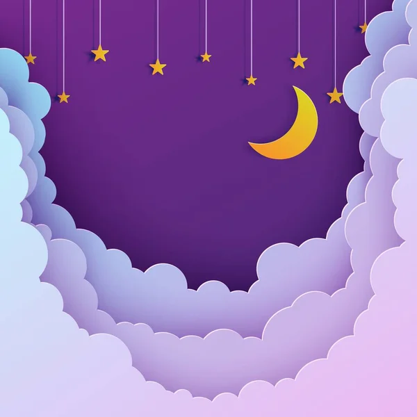 Natthimmel i pappersskuren stil. Klipp ut 3D bakgrund med violett och blå lutning grumligt landskap med stjärnor och månen papercut konst. Söta origami moln. Vektorkort för att önska god natt ljuva drömmar. — Stock vektor