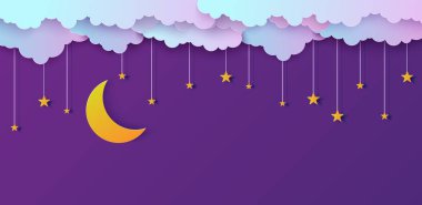 Night sky in paper cut style. Cut out 3d background with violet and blue gradient cloudy landscape with stars and moon papercut art. Cute origami clouds. Vector card for wish good night sweet dreams.