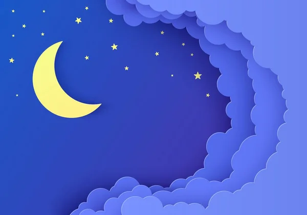 ท้องฟ้ากลางคืนในสไตล์ตัดกระดาษ พื้นหลัง 3 มิติที่มีภูมิทัศน์เมฆมืดที่มีดาวและศิลปะตัดกระดาษดวงจันทร์ ท้องฟ้าที่มีดวงดาว กระดาษแข็งน่ารัก เมฆโอริกามิ การ์ดเวกเตอร์สําหรับความปรารถนา ฝันดี ฝันหวาน . — ภาพเวกเตอร์สต็อก