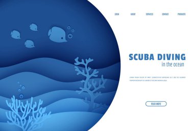 Web sayfası tasarım şablonu kağıt kesiği sualtı okyanus manzarası mağara penceresinden geçiyor. Mercan resifi alg dalgaları içinde deniz balığı. Vektör kağıt işi dalış Dünya Su Günü web sitesi kavramı.