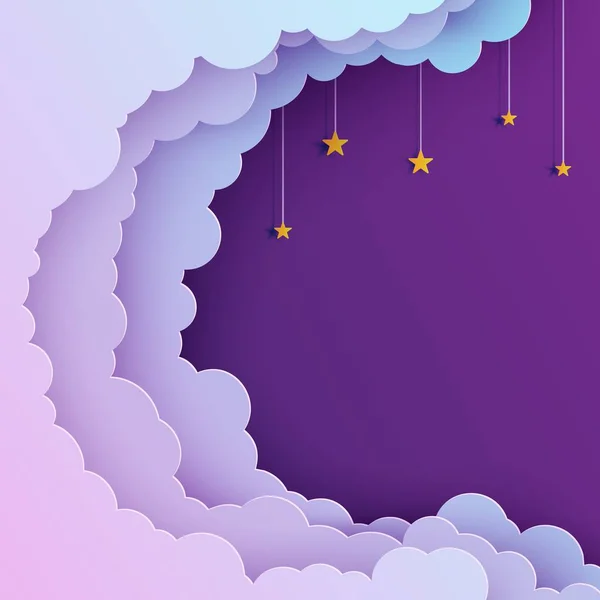 Nachthimmel im Scherenschnitt-Stil. ausgeschnittene 3D-Hintergrund mit violetten und blauen Verlauf bewölkte Landschaft mit Sternen auf Seil Papierschnitt Kunst. niedlichen Origami-Wolken. Vektor-Karte für gute Nacht süße Träume. — Stockvektor