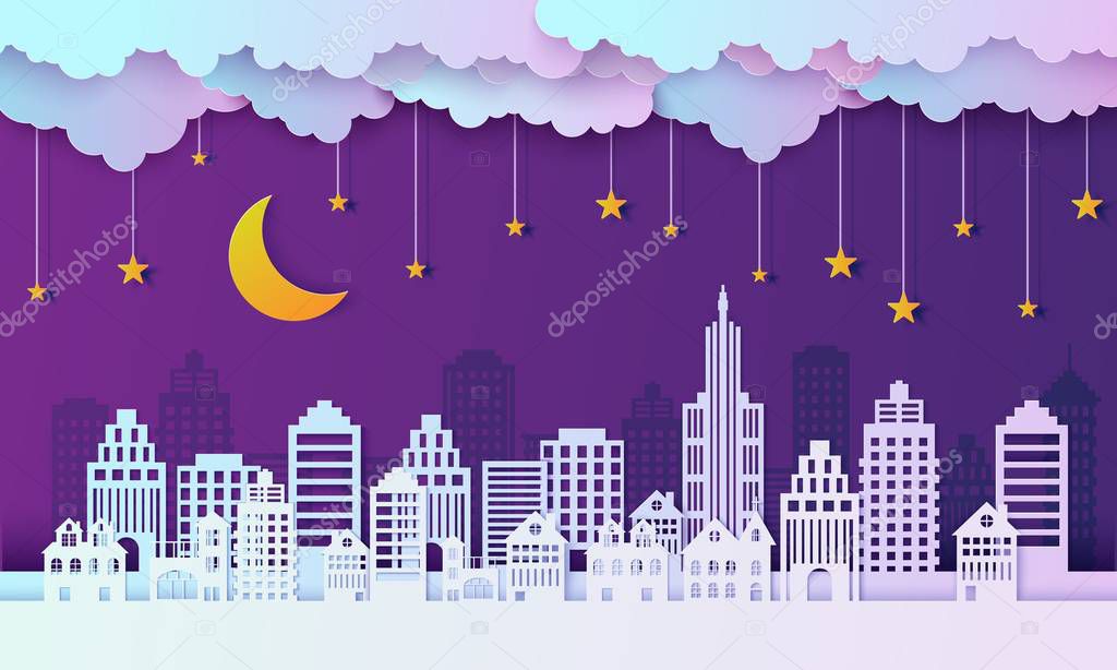 Night city landscape in papercut style. Violet and blue gradient paper cut office residential buildings and evening cloudy sky with moon and stars on rope, vector card architecture horizontal panorama