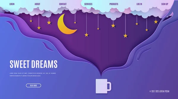 Ночное небо в стиле пореза бумаги. Дизайн веб-страницы искушает пар из чашки горячего напитка. 3-й фон с пасмурным пейзажем со звездами на небе и луне. Векторная иллюстрация карты. Облака Оригами . — стоковый вектор