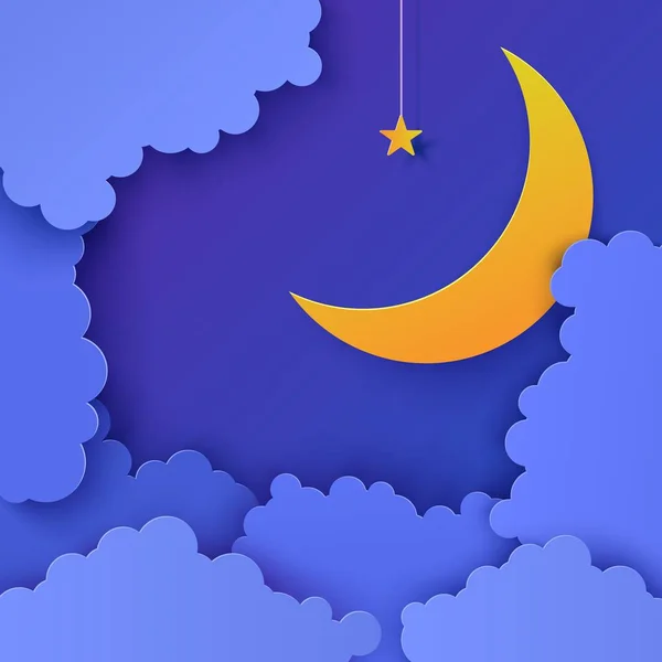 ท้องฟ้ากลางคืนในสไตล์ตัดกระดาษ พื้นหลัง 3 มิติที่มีภูมิทัศน์เมฆสีฟ้าที่มีดาวบนเชือกและศิลปะตัดกระดาษดวงจันทร์ กระดาษแข็งน่ารัก เมฆโอริกามิ การ์ดเวกเตอร์สําหรับความปรารถนา ฝันดี ฝันหวาน . — ภาพเวกเตอร์สต็อก