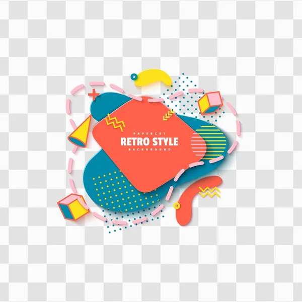 Pattern of liquid geometric shapes in cut paper style. Creative flyer Memphis 80s 90s retro element layered bubbles cut out of cardboard. Vector banner template with cube cylinder cone and lines — ストックベクタ