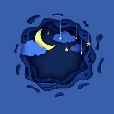 Gece gökyüzü kağıt kesiği şeklinde yuvarlak. 3D arka plan, mavi bulutlu manzara, ipte yıldız ve ay kağıt kesim sanatı. Şirin origami bulutları. İyi geceler dilemek için vektör kartı Tatlı rüyalar.