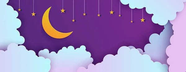 Ночное небо в стиле пореза бумаги. Вырежьте трехмерный фон с фиолетовым и голубым градиентным облачным ландшафтом со звездами и вырезанным из бумаги изображением луны. Симпатичные облака оригами. Векторная карта на пожелание спокойной ночи сладких снов . — стоковый вектор