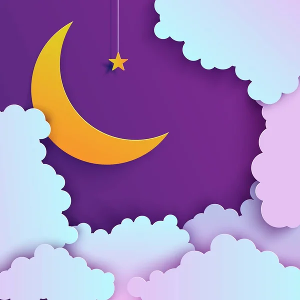 Nachthimmel im Scherenschnitt-Stil. ausgeschnittene 3D-Hintergrund mit violetten und blauen Verlauf bewölkte Landschaft mit Stern auf Seil und Mond Papierschnitt Kunst. niedlichen Origami-Wolken. Vektor Gute Nacht Karte. — Stockvektor