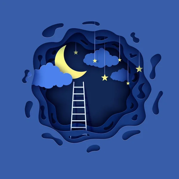 White ladder to pick the star above cloud in paper cut style. Papercut night landscape climbing on ladder to sky and trying to catch dream star. Follow your dreams vector motivational poster concept. — Stock Vector