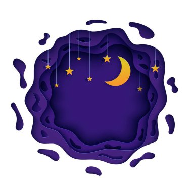Gece gökyüzü yuvarlak mor şekilli kağıt kesiği tarzında. 3 boyutlu arka plan, mor bulutlu manzara, ipte yıldız ve ay kağıt kesim sanatı. Origami gece yarısı. İyi geceler dilemek için vektör kartı Tatlı rüyalar.