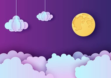 Kağıt kesiği şeklinde gece gökyüzü. Üç boyutlu arkaplan, mor ve mavi renkli bulutlar, halat ve dolunay kağıt kesim sanatı. Şirin origami bulutları. İyi geceler vektör tatlı rüyalar kartı.