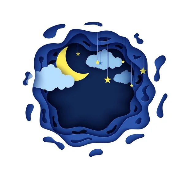 Night sky in round shape in paper cut style. 3d background with blue cloudy landscape with star on rope and moon papercut art. Cute origami clouds. Vector card for wish good night sweet dreams. — 스톡 벡터