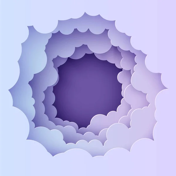 Night sky clouds round frame in paper cut style. Cut out 3d background with violet and blue gradient cloudy landscape papercut art. Cute vector illustration for wish good night sweet dreams — ストックベクタ