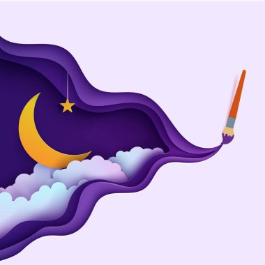 Night sky in paper cut style. Cut out 3d background with violet and blue gradient cloudy landscape with star on rope and moon papercut art. Vector card with paintbrush draw and origami clouds.