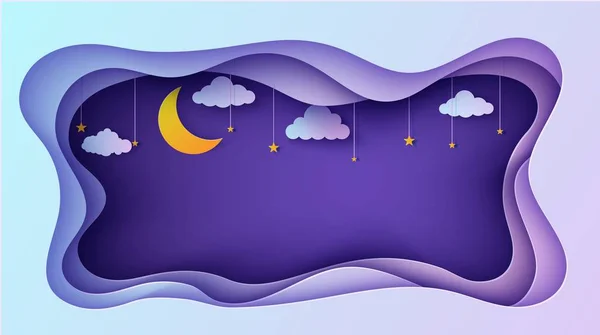 Night sky rectangular frame with stars and clouds on rope and moon crescent in paper cut style. Cut out 3d background papercut art, fairy tale vector card illustration for wish good night sweet dreams — Stock Vector