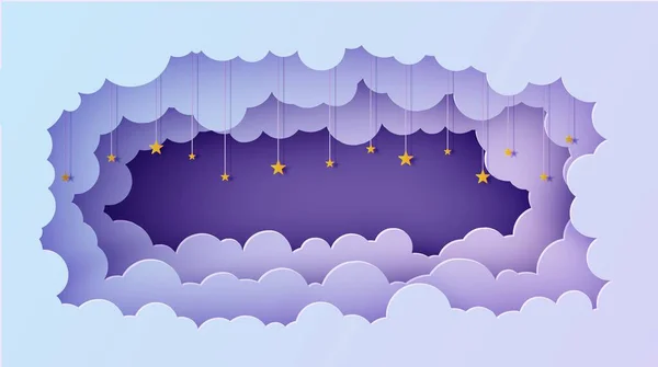 Night sky clouds rectangular frame with stars on rope in paper cut style. Cut out 3d background with violet blue gradient cloudy landscape papercut art. Vector card for wish good night sweet dreams. — Stock Vector