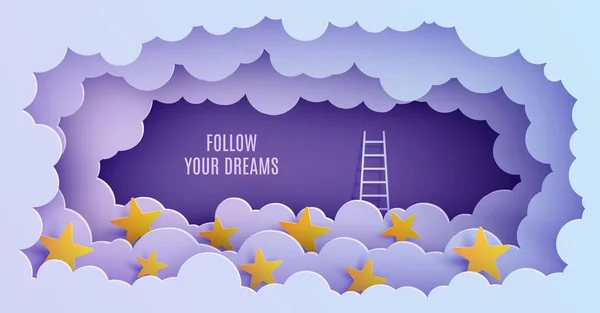 White stairs to climb above the clouds in the style of paper cut. Vector papercut night landscape climbing stairs to the sky and trying to achieve success Follow your dream motivational poster concept — Stock Vector
