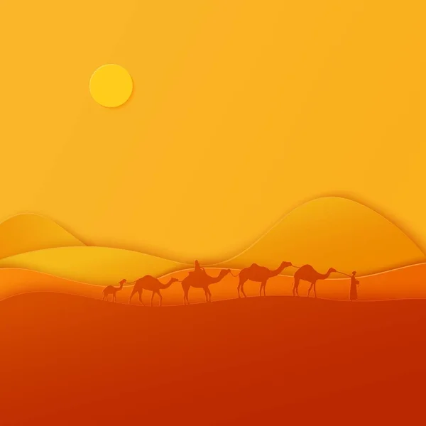 Caravana silueta camellos del desierto en estilo de corte de papel. Naturaleza paisaje de arena panorámica con la tradición árabe paseo en camello. Aventura africana a través de las dunas del Sahara. Tarjeta vectorial plantilla de viaje . — Vector de stock