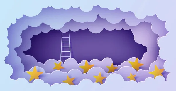 Vita trappor för att klättra ovanför molnen i stil med klippt papper. Vektor papercut natt landskap klättring trappor till himlen och försöker uppnå framgång Följ din dröm motivational affisch koncept — Stock vektor