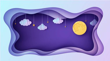 Gece gökyüzü dikdörtgen çerçeveli yıldızlar, ipte bulutlar ve kağıt kesiği şeklinde dolunay. Üç boyutlu arka plan kağıt kesme sanatını kes. İyi geceler dilemek için peri masalı vektör çizimi
