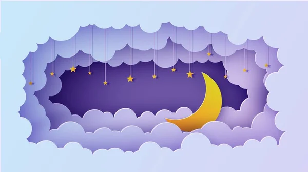 ท้องฟ้ากลางคืนเมฆกรอบสี่เหลี่ยมที่มีดาวบนเชือกและดวงจันทร์ในสไตล์ตัดกระดาษ ตัดพื้นหลัง 3 มิติด้วยศิลปะตัดกระดาษทิวทัศน์พระจันทร์และเมฆ การ์ดเวกเตอร์สําหรับความปรารถนา ฝันดี ฝันหวาน — ภาพเวกเตอร์สต็อก