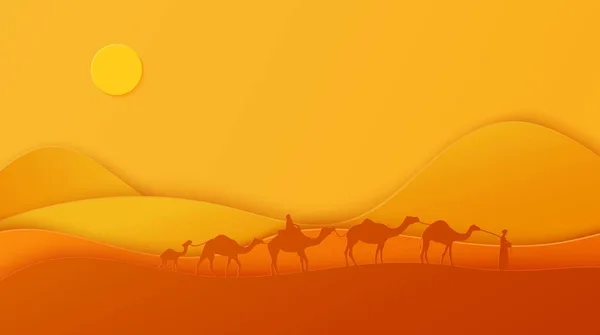 Silhouette caravane désert chameaux dans le style de coupe de papier. Nature paysage de sable panoramique avec tradition arabe promenade à dos de chameau. Aventure africaine à travers les dunes du Sahara. Modèle de voyage par carte vectorielle . — Image vectorielle