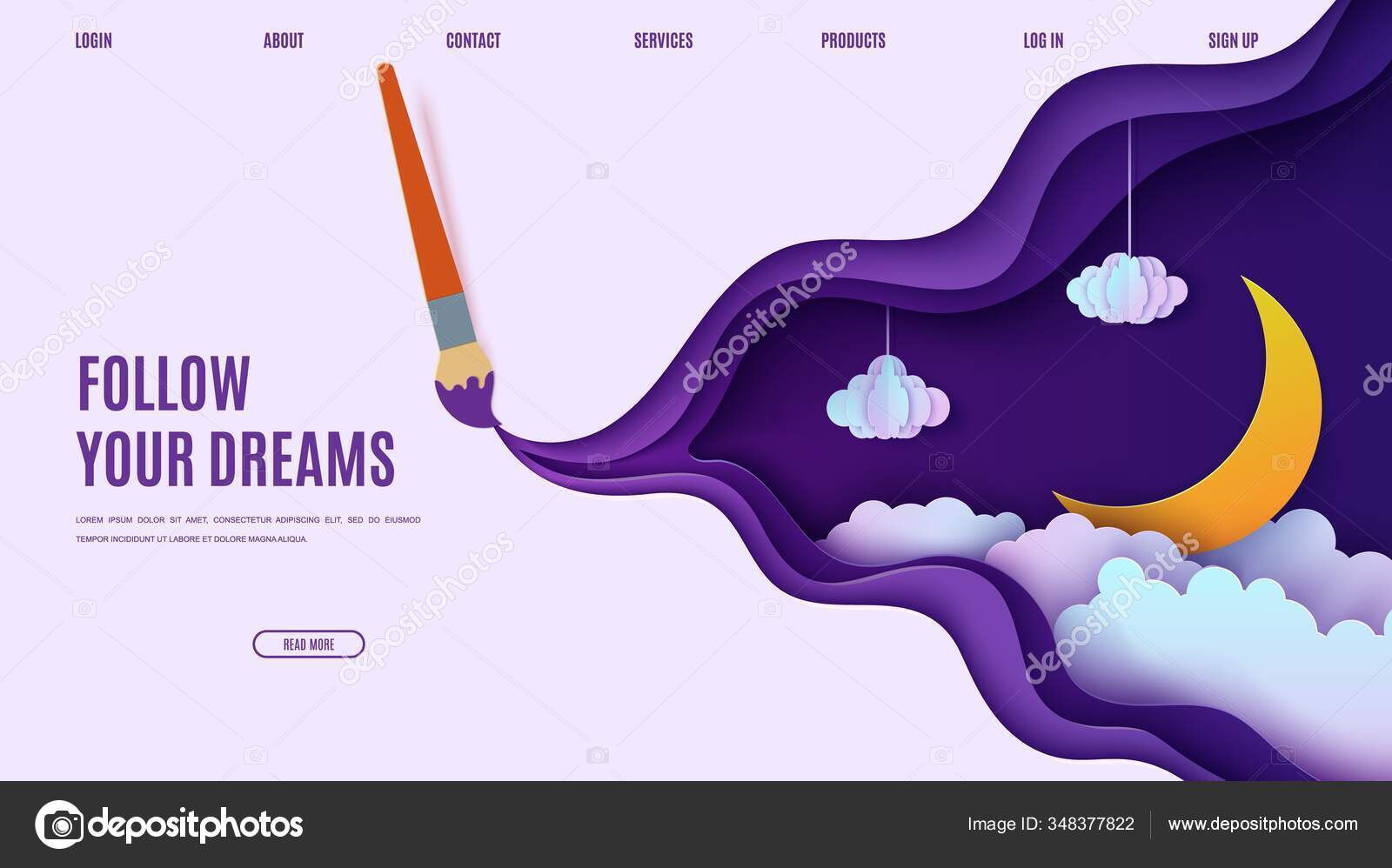 Download Night Sky In Paper Cut Style Cut Out 3d Website Template With Violet And Blue Gradient Cloudy Landscape With Star On Rope And Moon Papercut Art Vector Card With Paintbrush Draw And