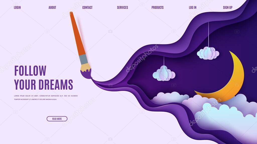 Night sky in paper cut style. Cut out 3d website template with violet and blue gradient cloudy landscape with star on rope and moon papercut art. Vector card with paintbrush draw and origami clouds.