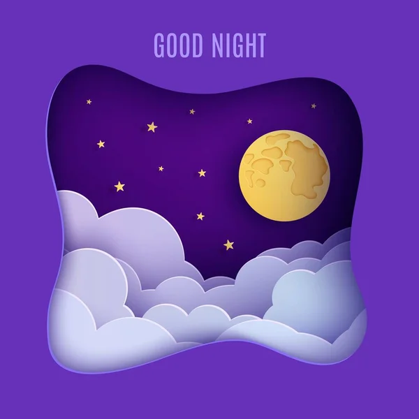 Night sky clouds frame like pillow in paper cut style. Cut out 3d background with violet and blue gradient cloudy landscape with gold stars and full moon papercut art. Cute vector origami clouds — Stock Vector