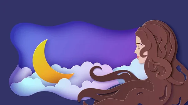 Sleeping girl in paper cut style. Young woman sleep and dreaming. Wavy papercut frame with crescent in night sky. Fairy good night and sweet dream vector illustrations, creative craft cloudy landscape — Stockový vektor