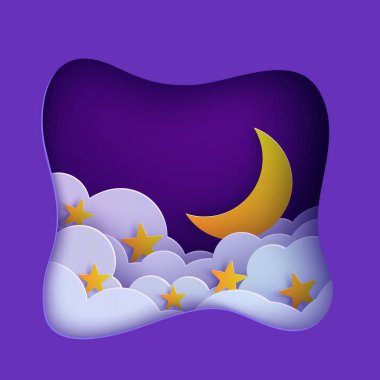 Gece gökyüzü bulutları yastık gibi çerçevelenmiş altın yıldızlar ve kağıt kesiği şeklinde ay. Hilal ve bulutlu peyzaj kağıt kesim sanatıyla üç boyutlu arka planı kes. İyi geceler dilemek için vektör kartı Tatlı rüyalar