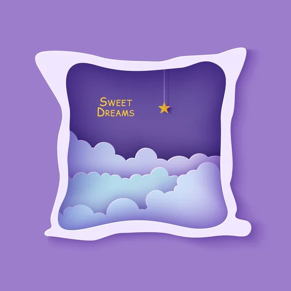 Night sky clouds frame like pillow with gold star on rope in paper cut style. Cut out 3d backdrop with violet blue gradient cloudy landscape papercut art. Vector card for wish sweet dreams good night. — Stockvektor