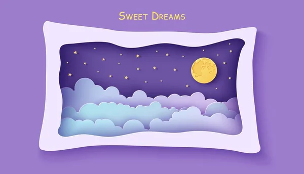 Céu noturno nuvens quadro como travesseiro no estilo de corte de papel. Corte o fundo 3d com paisagem nublada gradiente violeta e azul com estrelas douradas e arte de corte de papel de lua cheia. Cute vetor origami nuvens — Vetor de Stock