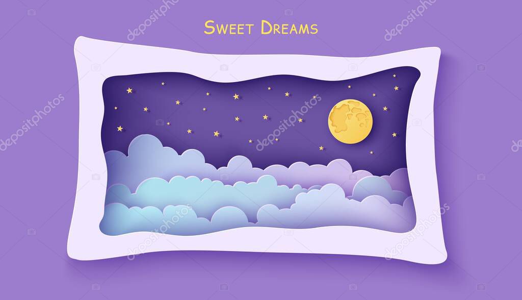 Night sky clouds frame like pillow in paper cut style. Cut out 3d background with violet and blue gradient cloudy landscape with gold stars and full moon papercut art. Cute vector origami clouds