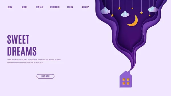 Night sky in paper cut style. Web page design template cute house with smoke from the chimney. 3d background with violet and blue gradient with gold stars cloud and moon papercut art. Vector wallpaper — Stock vektor