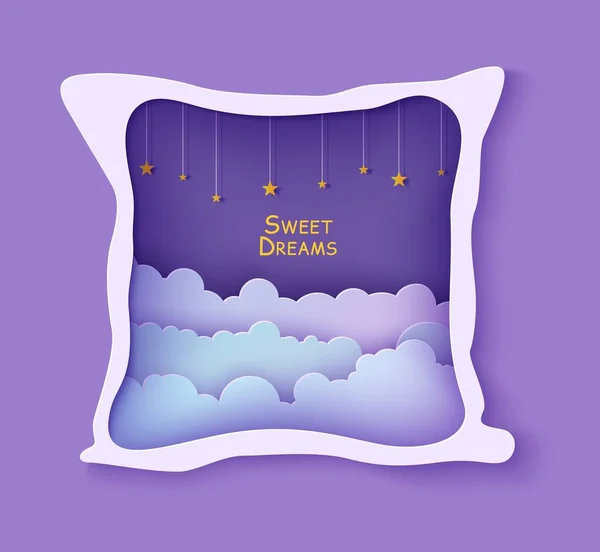 Nachthimmel Wolken rahmen wie Kissen mit goldenen Sternen auf Seil in Papier geschnitten Stil. Ausgeschnittene 3D-Kulisse mit violettblauem Farbverlauf bewölkte Landschaft Papierschnittkunst, Vektorkarte für süße Träume gute Nacht — Stockvektor