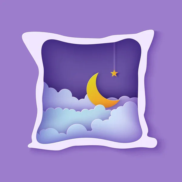 Night sky clouds frame like pillow with gold stars on rope and moon in paper cut style. Cut out 3d background with crescent and cloudy landscape papercut art. Good night wish vector card. — Stock vektor