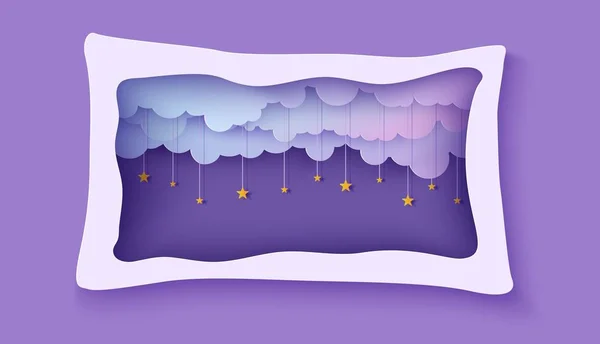 Nachthimmel Wolken rahmen wie Kissen mit goldenen Sternen auf Seil in Papier geschnitten Stil. Ausgeschnittene 3D-Kulisse mit violettblauem Farbverlauf bewölkte Landschaft Papierschnittkunst, Vektorkarte für süße Träume gute Nacht — Stockvektor