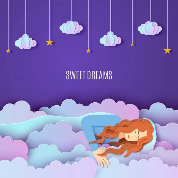 Спящая девушка в облаках в стиле пореза бумаги. Молодая женщина спит и мечтает в ночном небе с золотыми звездами на веревке. Творческое ремесло. Доброй ночи и векторные иллюстрации сладких снов — стоковый вектор