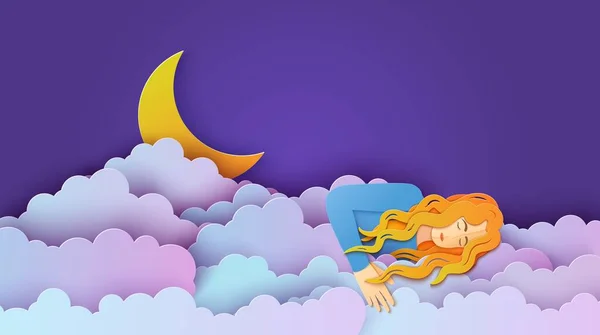 Спящая девушка в облаках в стиле пореза бумаги. Молодая женщина спит и мечтает в ночном небе с золотым лунным полумесяцем. Сладкая ночь и векторные иллюстрации сладких снов, творческий корабль облачный ландшафт — стоковый вектор